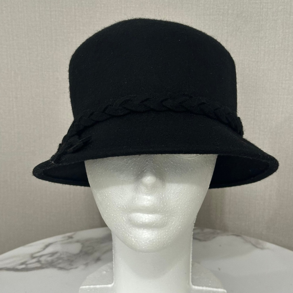 Black 100% Wool Cloche Bucket Hat with Braided Trim Vintage Style One Size